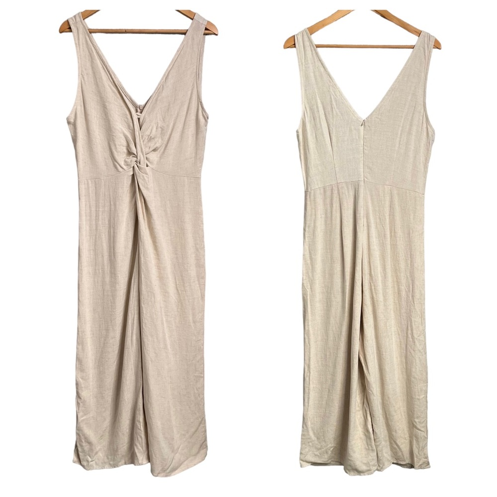 Emory Park Sleeveless Knot Woven Cream Linen Jumpsuit Large Resortwear - Picture 2 of 9